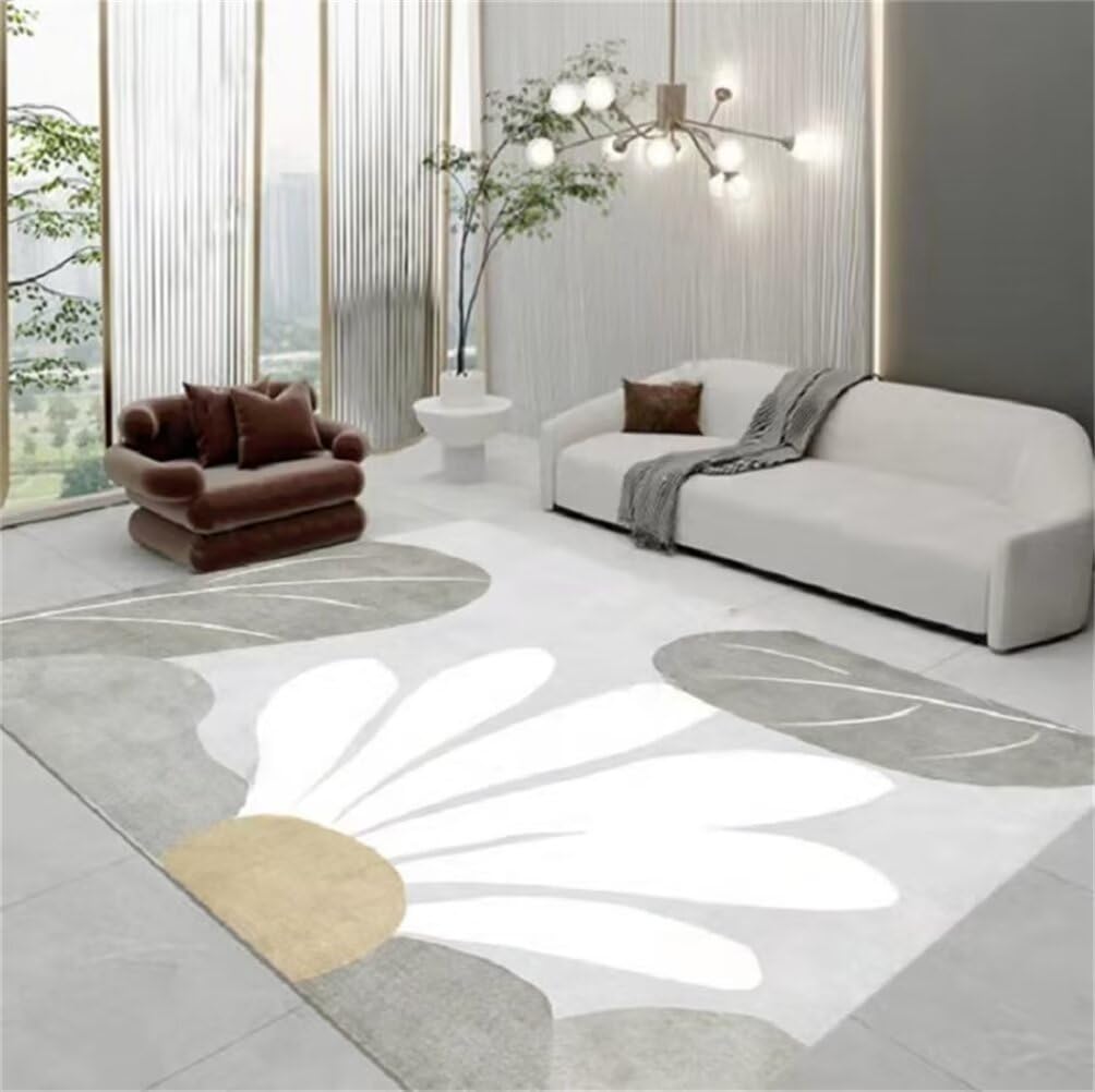 Tapis de salon gris 150x200cm lavable à motif floral naturel pour chambre