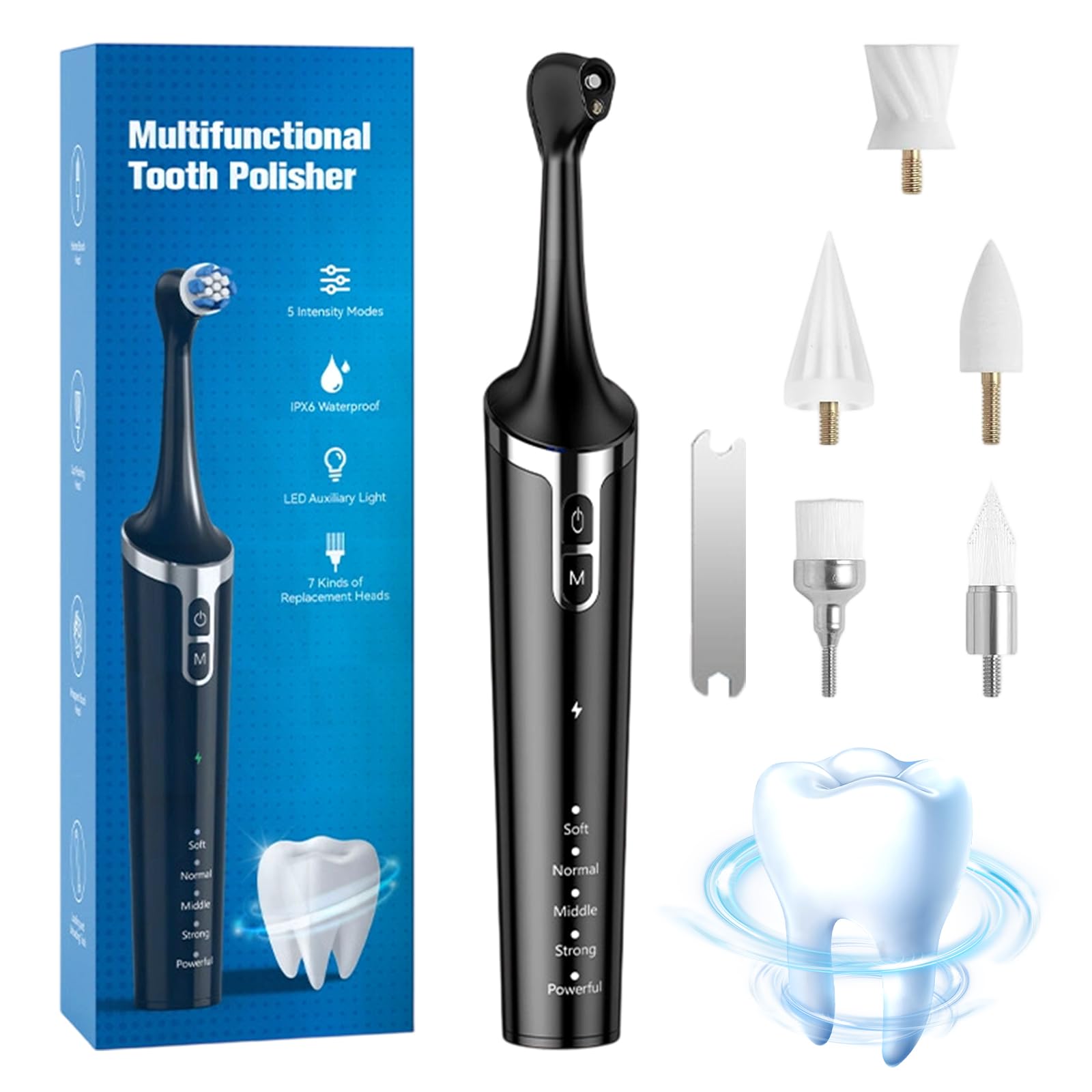 Limpiador de sarro humano Pulidor dental Profesional, con 5 modos para limpieza dental y blanqueamiento de dientes, IPX6 resistente al agua, iluminación LED, con 5 cabezales