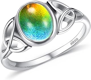 925 Sterling Silver Mood Rings for Women Girls | 18K White Gold Temperature Color Change Mood Ring | Handmade Oval Solitaire Stone Ring Celtic Knot Rings