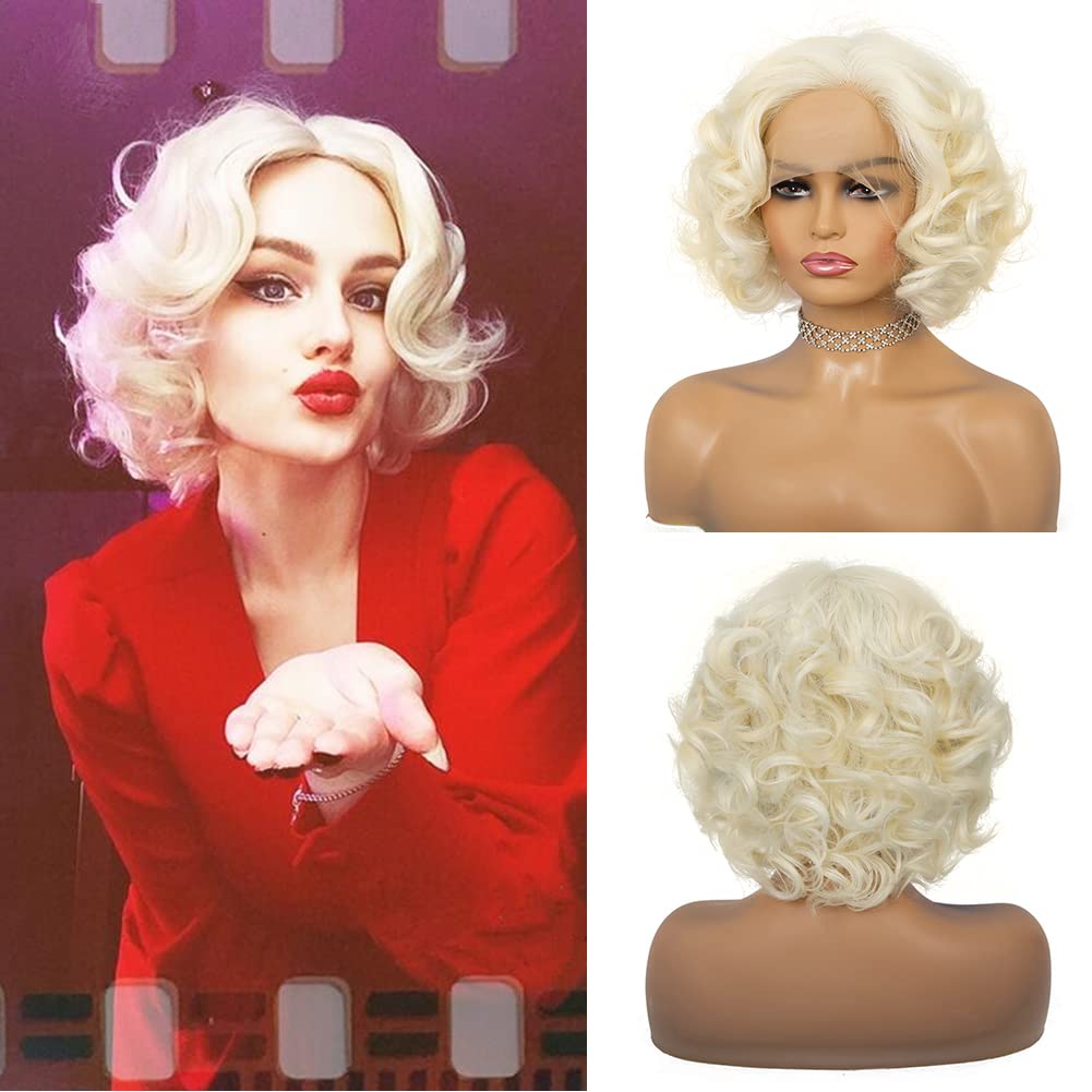 Short Blonde 1920s Lace Front Wig Curly Bob Synthetic Hair Natural Hairline Platinum Blonde 40s 50s Wigs for Women