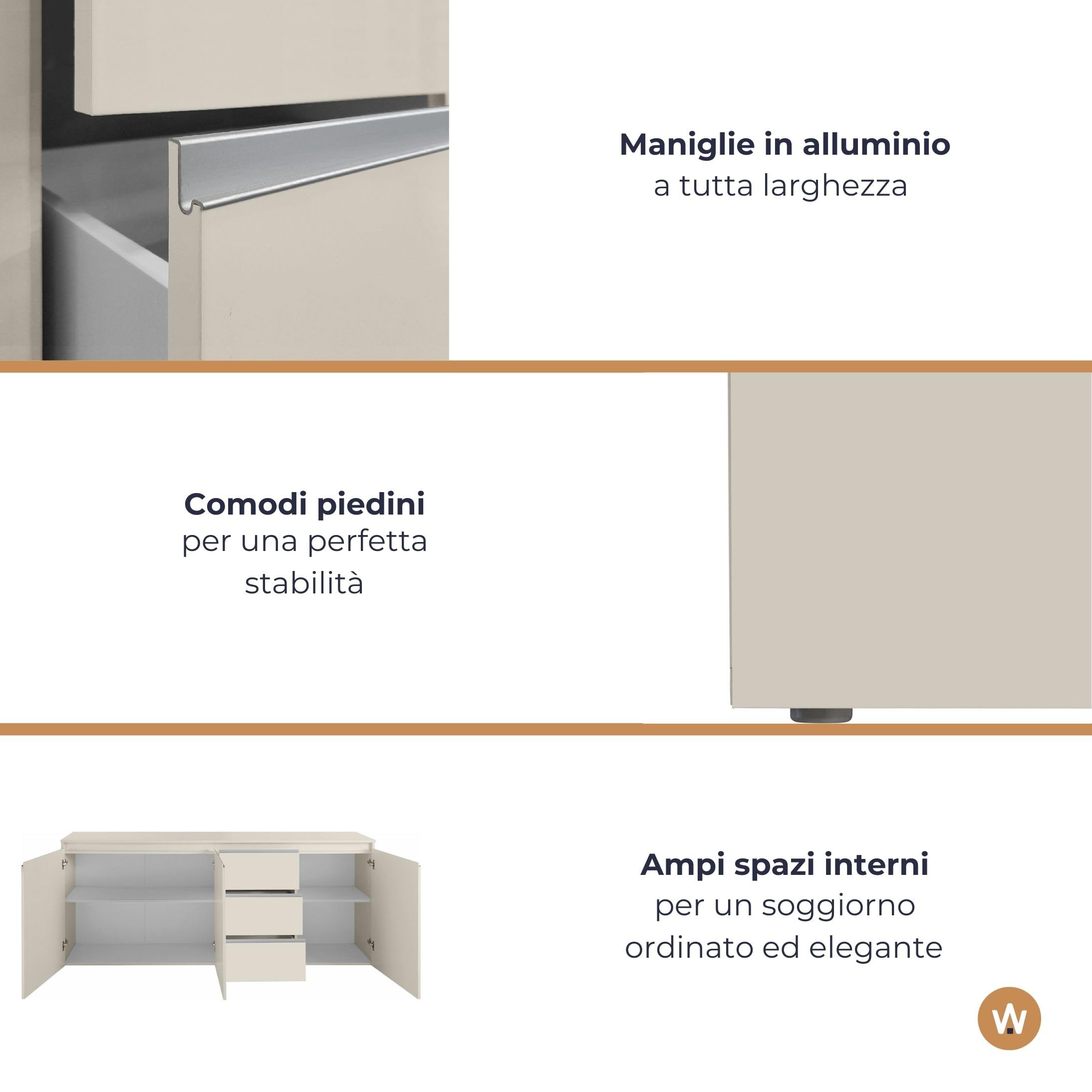 WHOUS Credenza e Buffet MAGIC per Soggiorno con 3 Ante e 3 Cassetti, Madia per Salotto, Cucina e Sala da Pranzo in Legno, 200x40x80, Cashmere