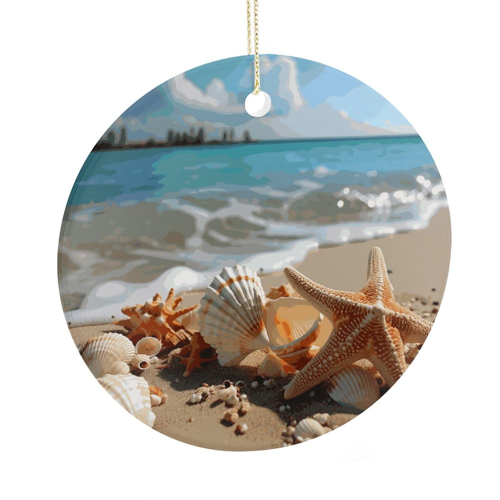 Adfgyerh Style Seashells Starfish On Beach Ceramic Circular Pendant,2.9 Inch，Hanging Ornament，Gift Exchange Idea Round Ceramic Ornament,For Mom And Daughter，For Home Indoor Outdoor Decor.