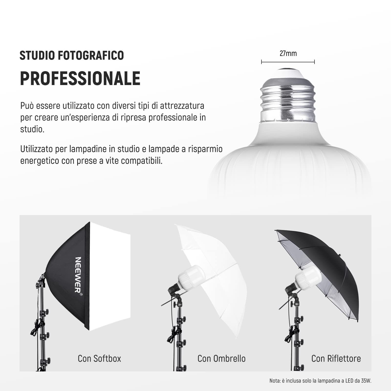 Neewer Lampadine LED E27 da 35W, 2 Confezioni, 3450 Lumen/5700K/CRI 93+/Durata 15000h, Illuminazione Video Fotografia Luminosa, Silenziosa/Senza Sfarfallio/Non Dimmerabile, Equivalente Lampadina 350W