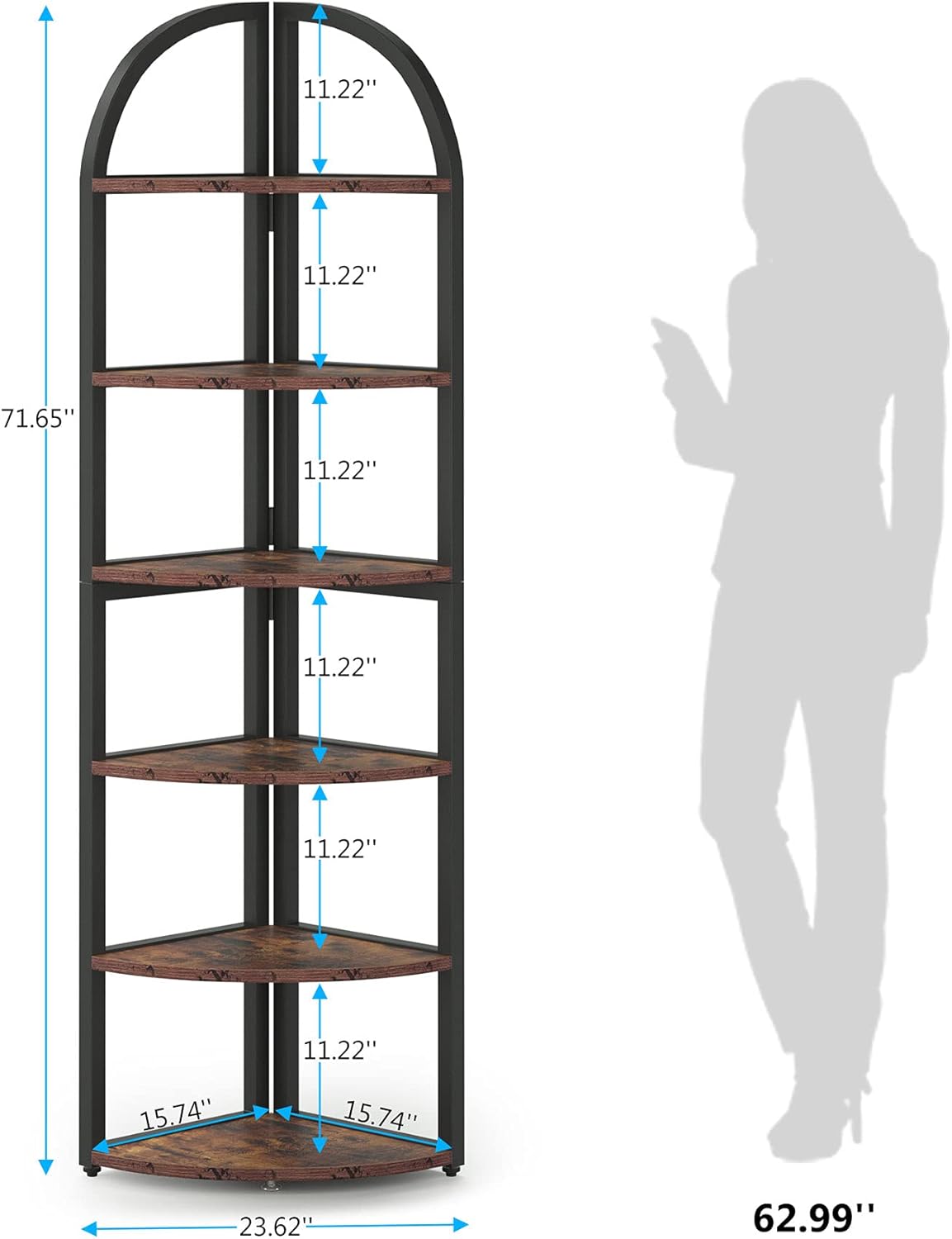 LITTLE TREE 6-Tier Corner Shelf Stand, Freestanding Corner Bookshelf with Adjustable Feet, Rustic Brown Storage Rack for Living Room, Kitchen, Bedroom, Office