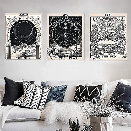 ZJYY 3 Stück Schwarze Tarotkarten Wandtuch, Tarot Banner Wandbehang, Wandteppich Mit Sternen und Mond, Wandteppiche, mit Nägeln, Geeignet für Schlafzimmer, Wohnzimmer, Wanddekoration
