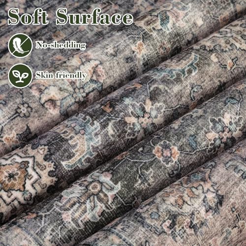 GarveeHome Area Rugs 3x5 Vintage Printed Floor Carpet with Non-Slip Backing, Stain-Resistant Oriental Throw Bedside Washable Farmhouse Low Pile Rugs for Living Room, Bedroom, Office, Green Camel