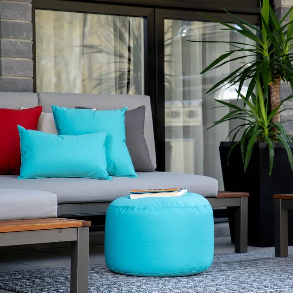Peacock Blue Outdoor Round Ottoman Cushion Casual Easy Going Floor Pouf Solid Sunny Color Plush Waterproof Fabric Lightweight Free Move Double Stitched Ease Year-Round Informal Off-Season Decor