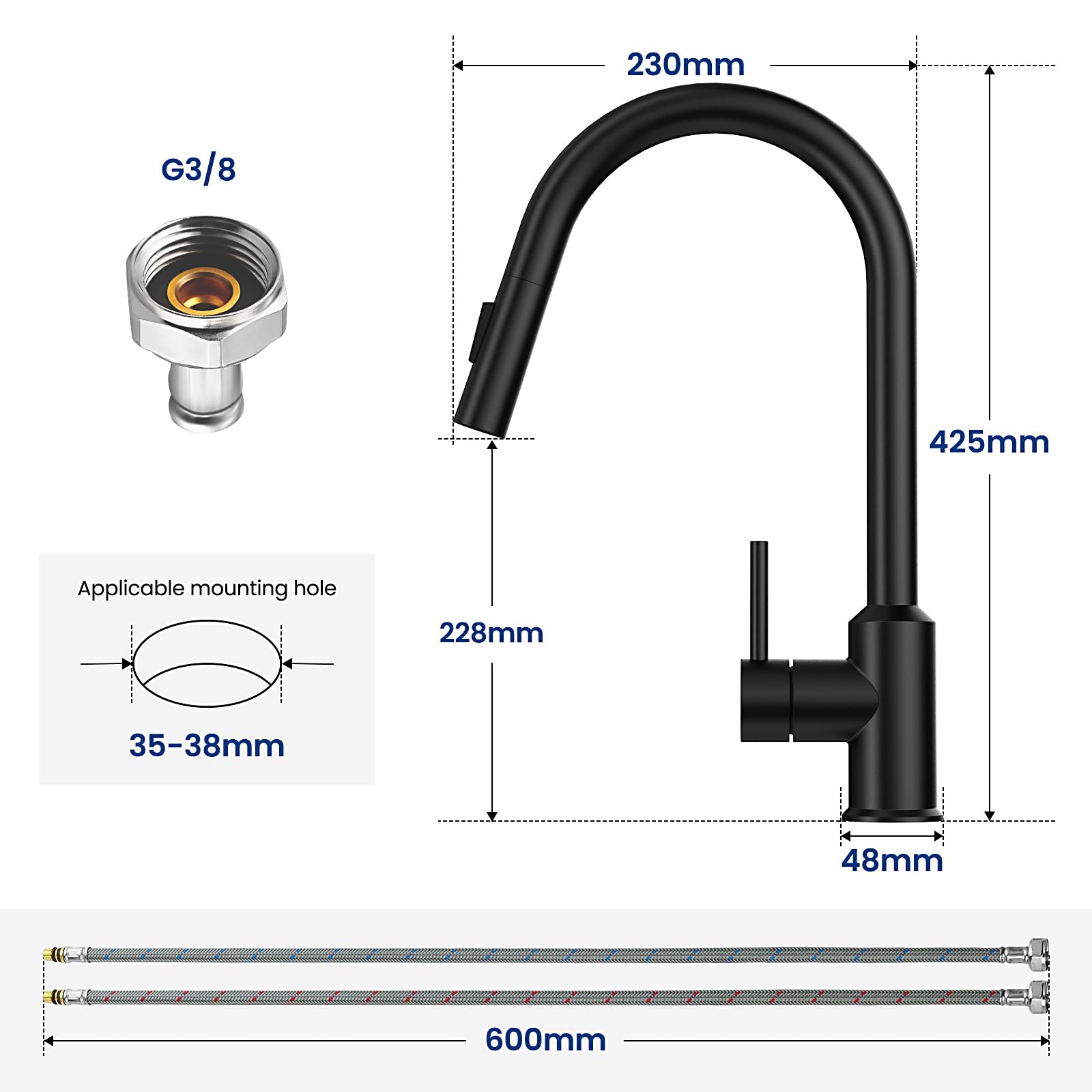 CECIPA Niederdruck Armatur Küche Schwarz, Wasserhahn Küche 3 Anschlüsse mit Hohem Bogen, 360°Schwenkbar küchenarmatur niederdruck ausziehbar,G3/8 Anschluss,niederdruckarmatur Schwarz | 3 Anschlüsse, ausziehbare Brause, hoher Bogen, 360 Grad schwenkbar, G3