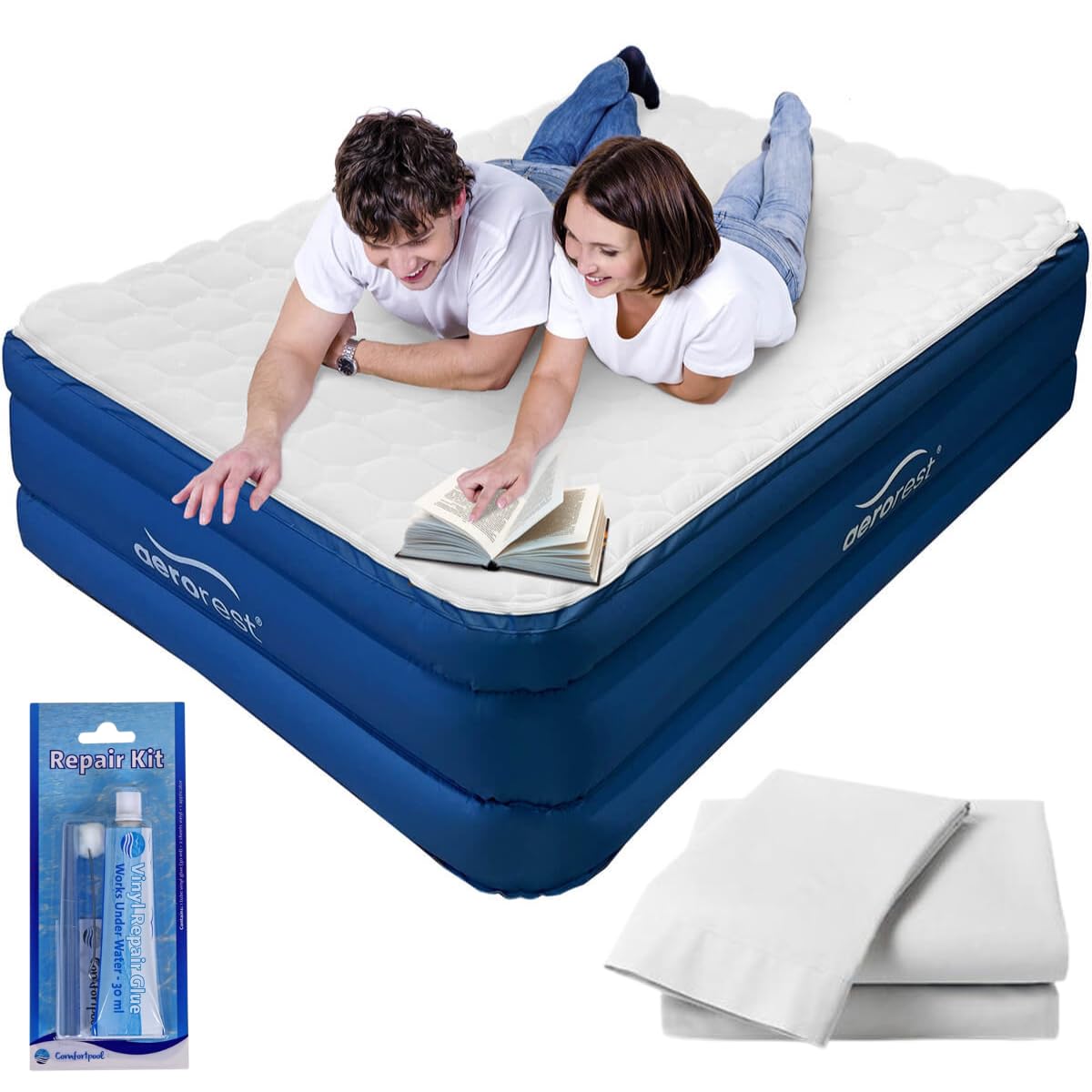 Colchón de aire para 2 personas | Set con sábana ajustable y kit de reparación | 210 cm de longitud | Colchón superior extraíble