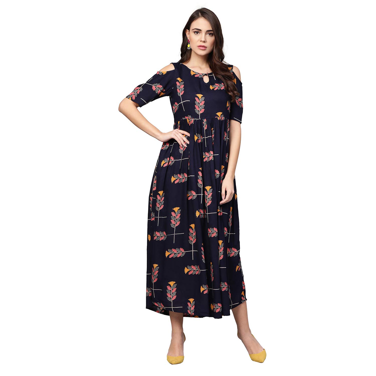 Idalia Navy Blue Printed Cold Shoulder Dress