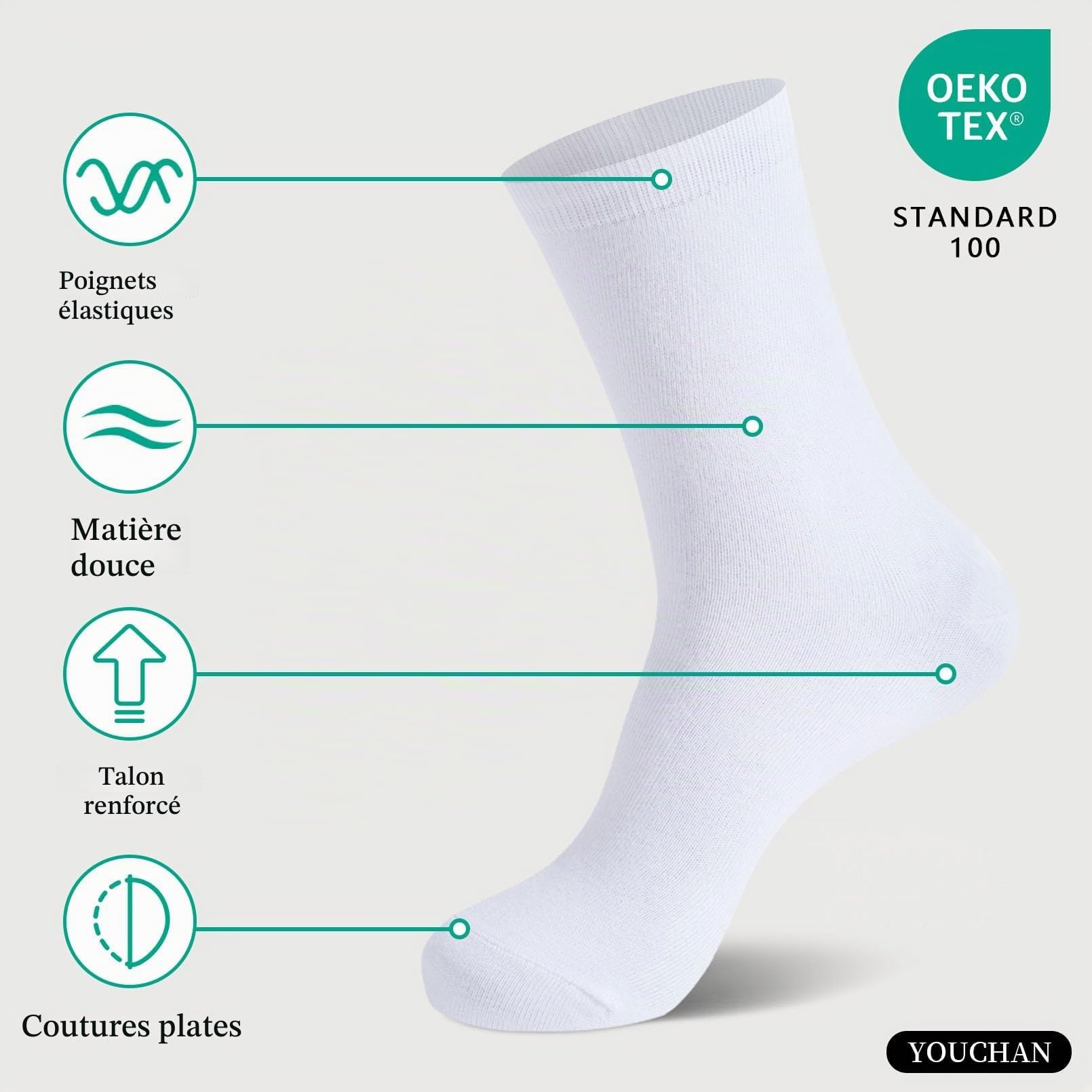 YOUCHAN 10 Paires de Chaussettes Pour Hommes Femme Classiques Confortable Respirantes Coton Chaussettes