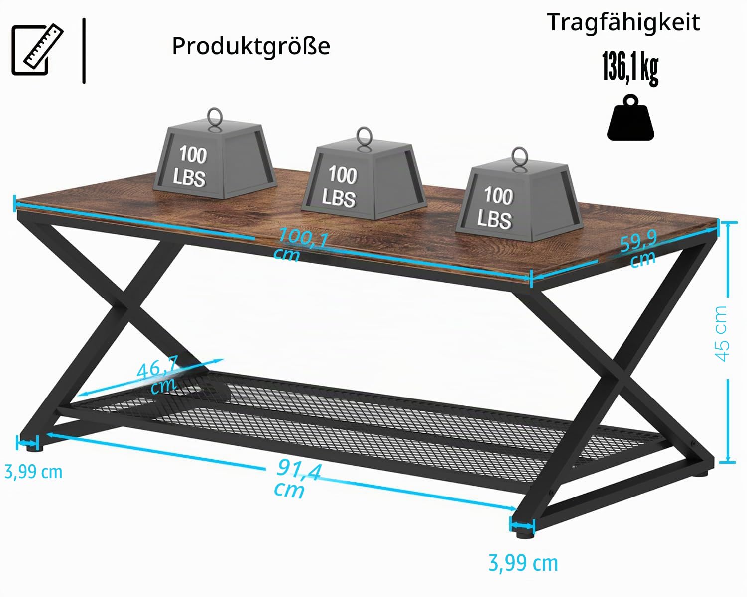 LVB Couchtisch Rechteckig mit Stauraum Wohnzimmer Möbel Wohnzimmertisch mit Stauraum Sofatisch Beistelltisch aus Holz Metall 100x60x45 cm