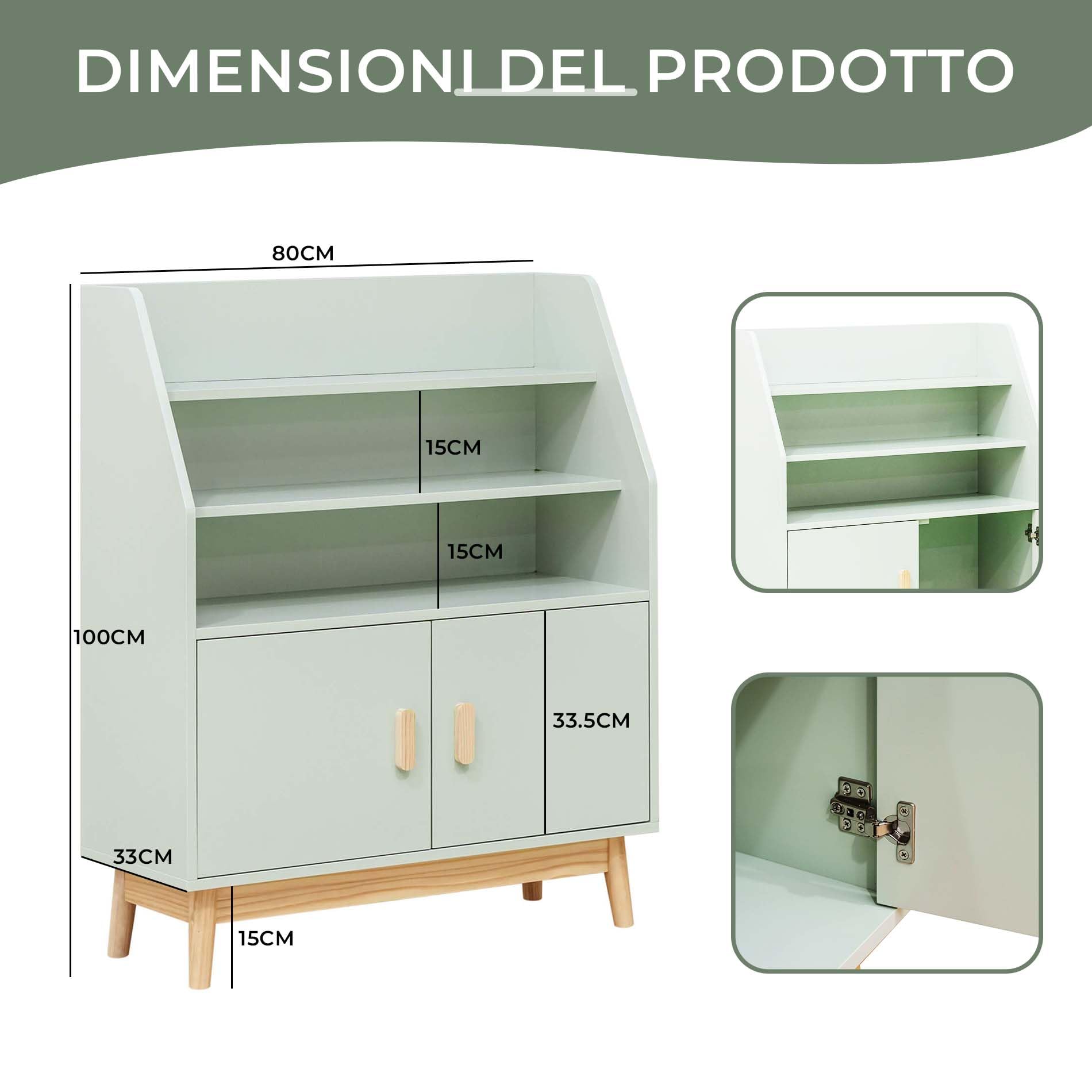 Rebecca Mobili Scaffale per Bambini, Libreria Montessoriana, Verde Acqua Marrone, MDF Pino, con 3 Ripiani e 1 Vano, Stile Scandinavo - Misure HxLxP: 100 x 80 x 33 cm - Art. RE7132