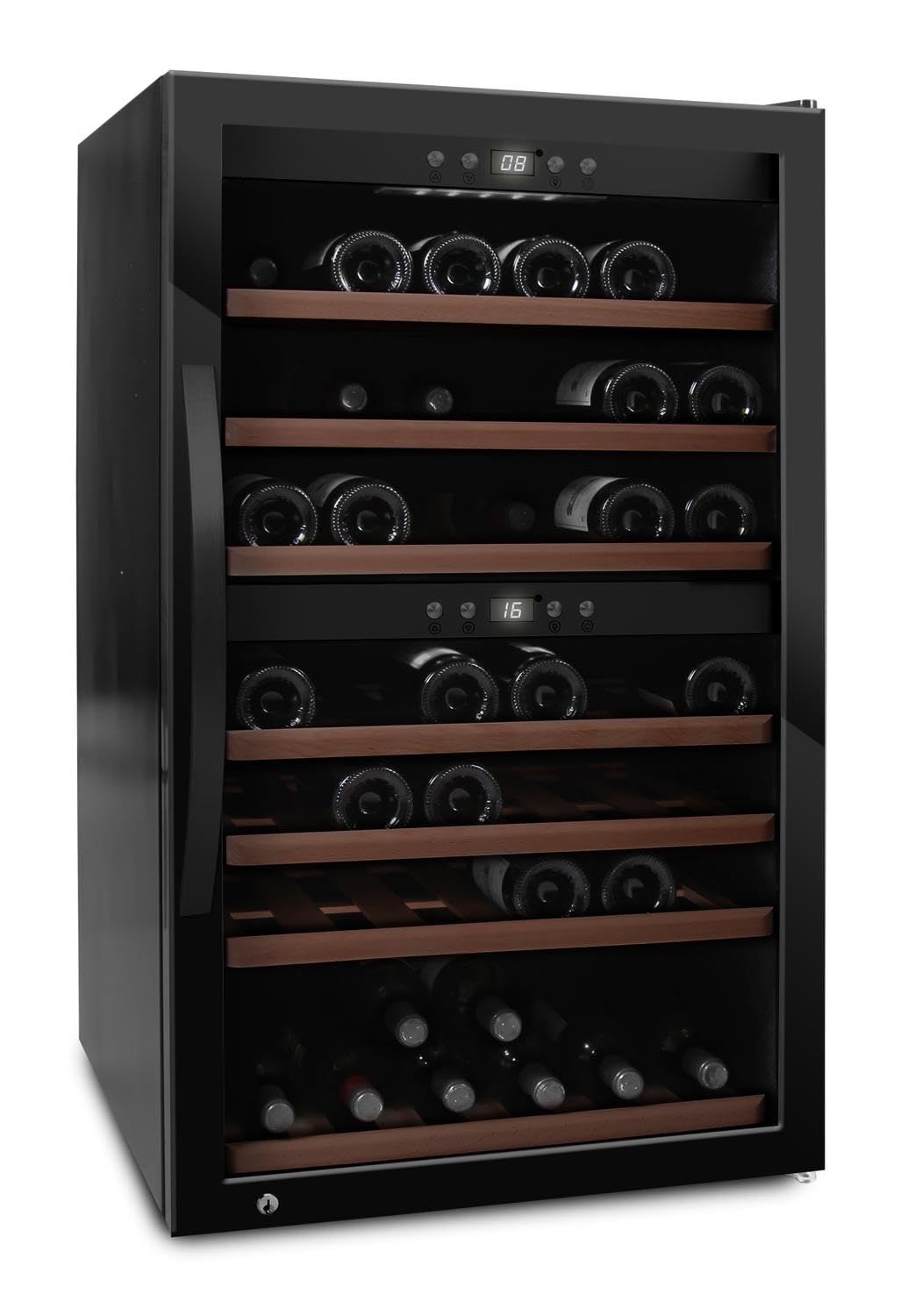 mQuvee Cave à vin à pose libre, WineExpert 66 Fullglass Noir, 66 bouteilles, Porte en verre anti-UV, Deux zones de température réglables, Design monobloc harmonieux, Boutons physiques de commande