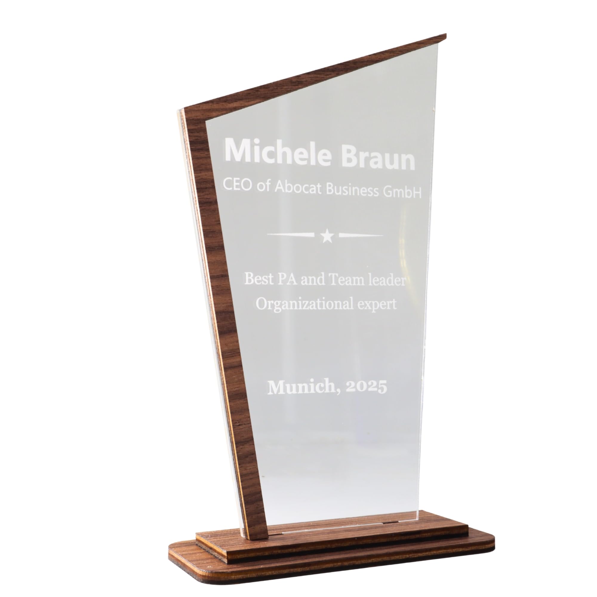 Pila Stone Award mit Gravur aus Acryl & Edelholz – personalisierte Trophäe mit Logo & Text für Sport, Schule, Firma & Events – Pokal als Auszeichnung, Geschenk, Jubiläum