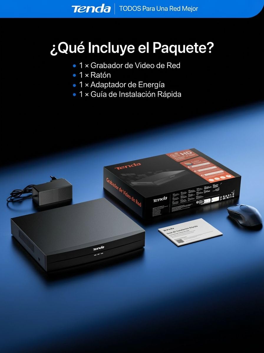 Tenda 4K 8 Canales NVR PoE Grabador de Vigilancia, H.265+, Plug and Play, Soporte para 8MP Cámaras IP, Almacenamiento HDD 10TB/Cloud, Acceso Remoto App, 4KV Protección Contra Sobretensiones, TN3108-8P