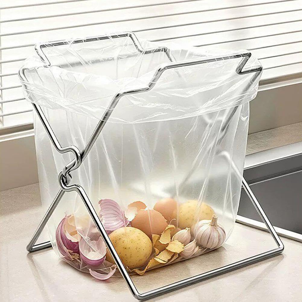 Carroterr Foldable Stainless Steel Garbage Bag Holder, Portable Trash Bag Holder Stand, Metal Sink Food Trash Catcher for Hanging Rag and Collecting Kitchen Garbage Leftovers