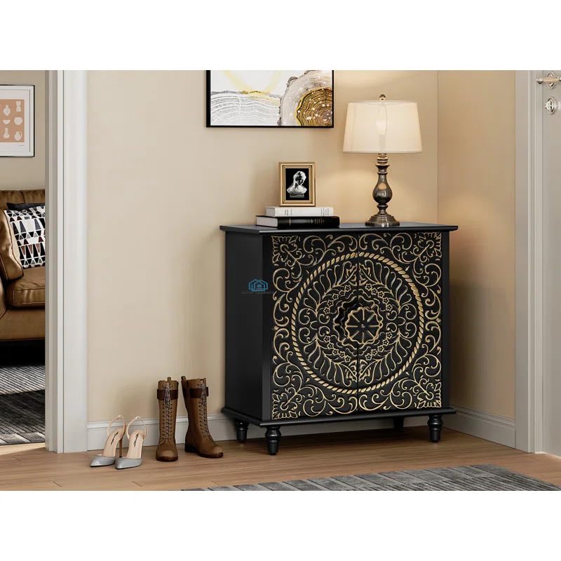 Mango Wood Chester Multipurpose Storage Cabinet Wooden Dresser for Bedroom Living Room Home (Black Gold) 36 * 15 * 30 inches (M1)