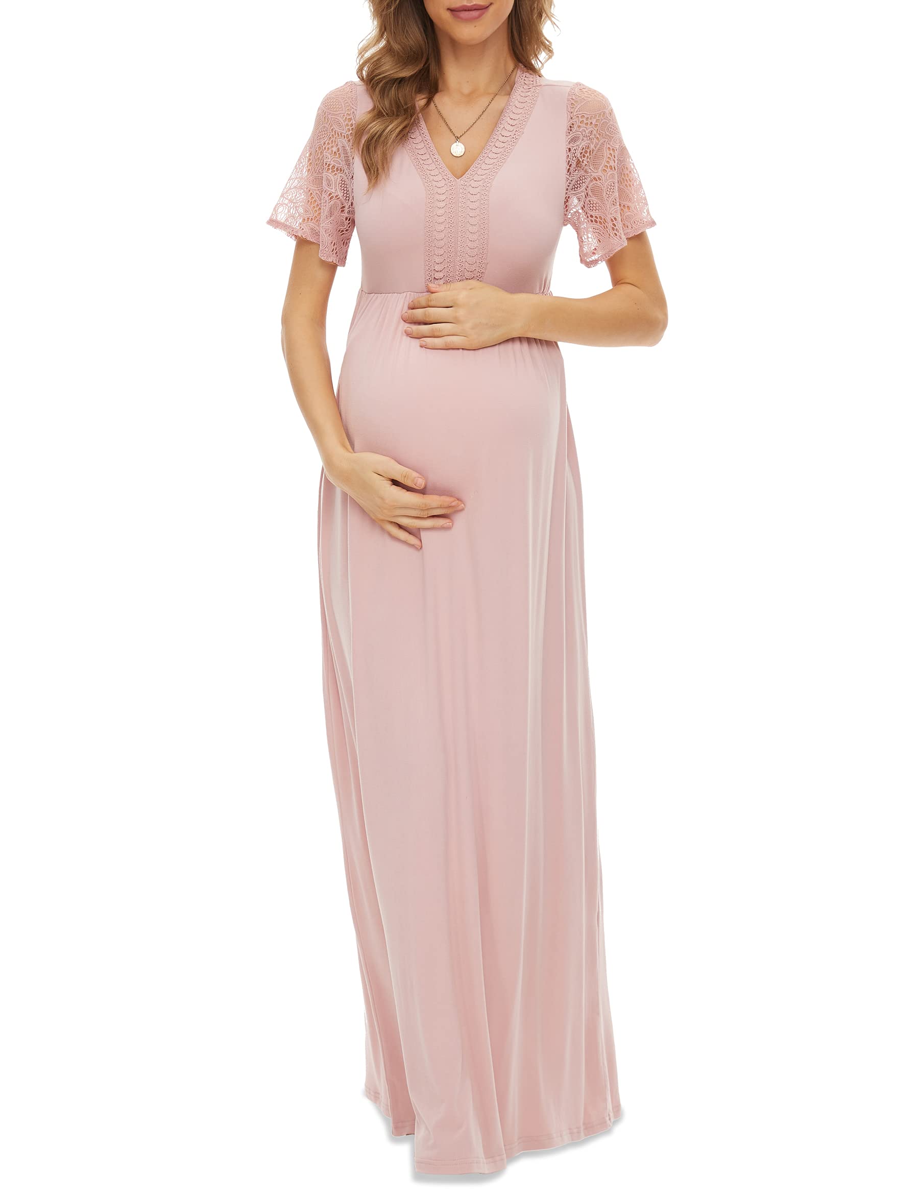 Maternity Dress Maternity Dresses for Baby Shower Maternity Photoshoot Dress Maternity Maxi Dress Lace Short Sleeve Pink L