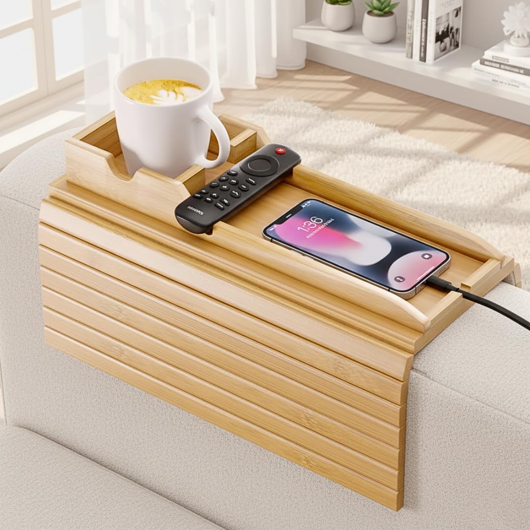 Hazzas Bamboo Couch Armrest Table, Sofa Arm Tray With Detachable Couch Cup Holder - 2 In 1 Anti-Slip Foldable Sofa Armchair Caddy Table - Cup Holder For Drinks Cellphone Tv Remote Snacks