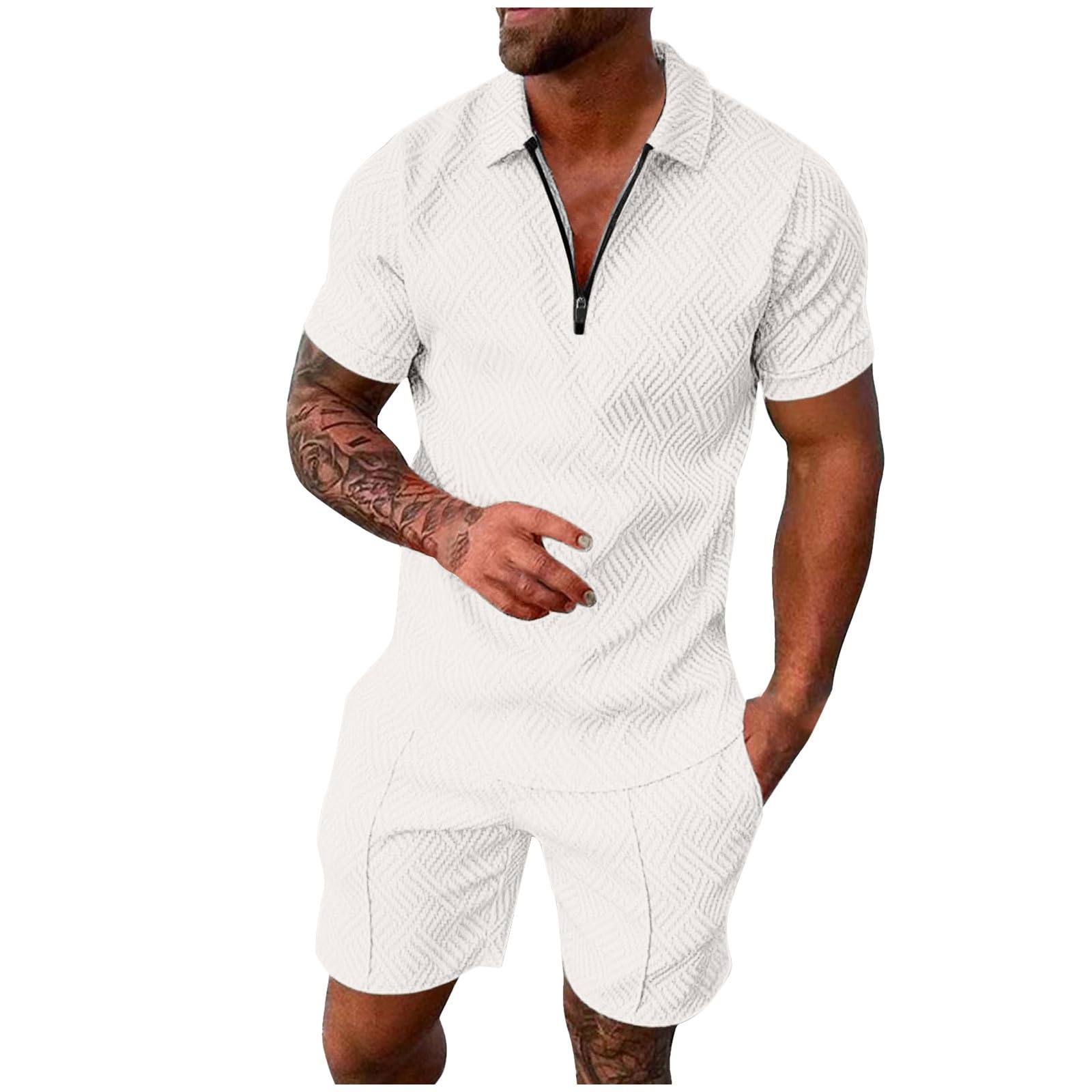 2 Teiler Herren Sommer Outfit Zweiteiler Trainingsanzug Kurzarm Reißverschluss Poloshirt und Kurze Hose Set Kleidung Sportanzug Casual Jogginganzug Freizeitanzug Sport Anzug