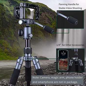 Portable Desktop Mini Tripod with Panning Handle, 20 / 52cm Desk Tabletop Aluminum Alloy Stand with 360 Ball Head, Compact Tripod for DSLR Camera Video Camcorder, Load up to 13lb / 6kg
