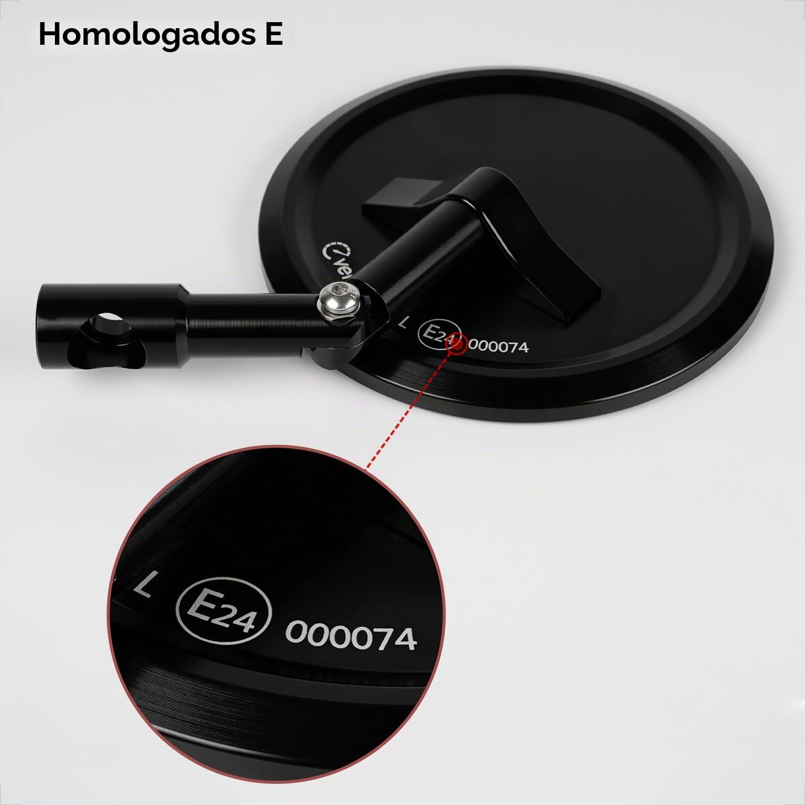 Evermotor Espejo de Moto, Homologación E24, Espejos de Manillar de Moto Ajustable 360°, Aluminio, Redondo para Scooters, ATVs, Ciclomotores, 2 piezas