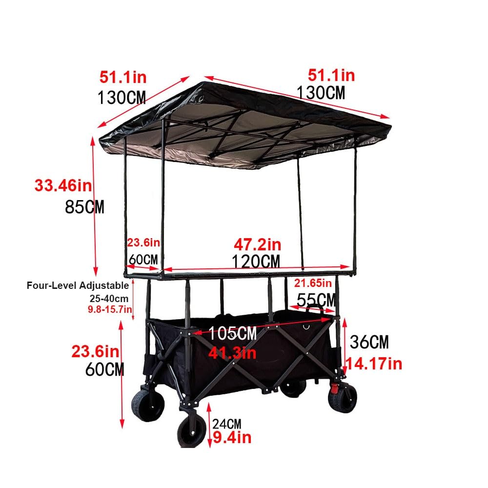 Carrello pieghevole da 130 cm con tettuccio e piano regolabile da tavolo, resistente, per spiaggia, spesa, campeggio, attività all'aperto, grande capacità, nero