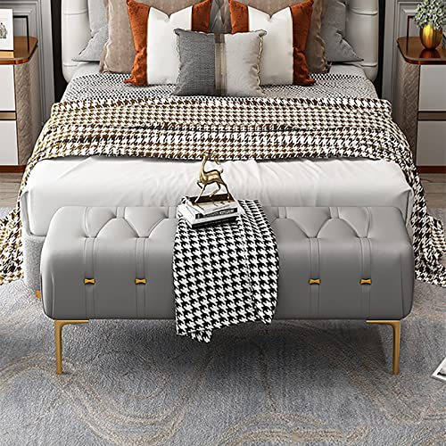 Luxueux banc capitonné en cuir gris moderne avec pieds de tanière - Meuble d'entrée élégant pour salon - 120 x 40 x 43 cm