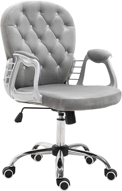 Vinsetto Office Chair Ergonomic 360° Swivel Diamante Tufted Home Work Velour Padded Base 5 Castor Wheels Grey