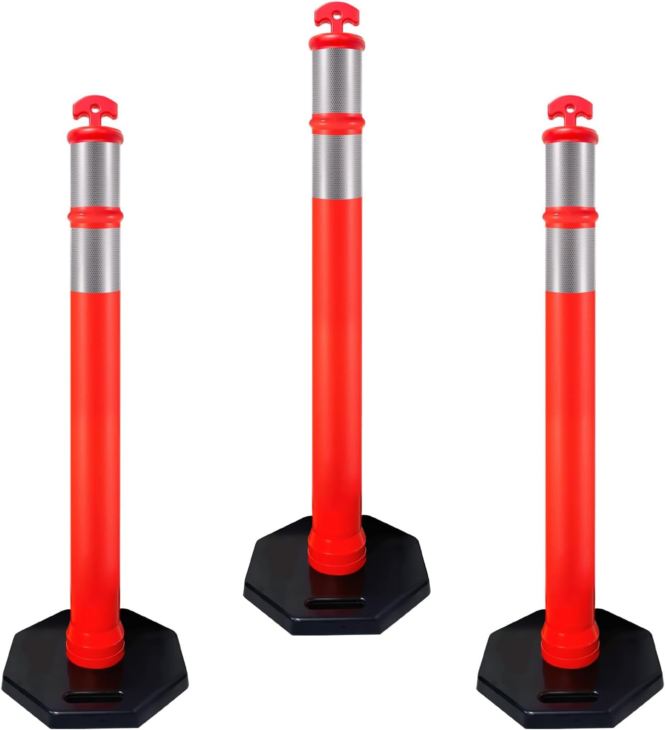 CJ Safety 44" inch Orange PE Delineator Post Cone, Heavy Duty Recycled Rubber Base, 2 Reflective Band for Driving, Pipe Insulation, Safety cones, Traffic cones for No Parking (Set of 3 Pack)