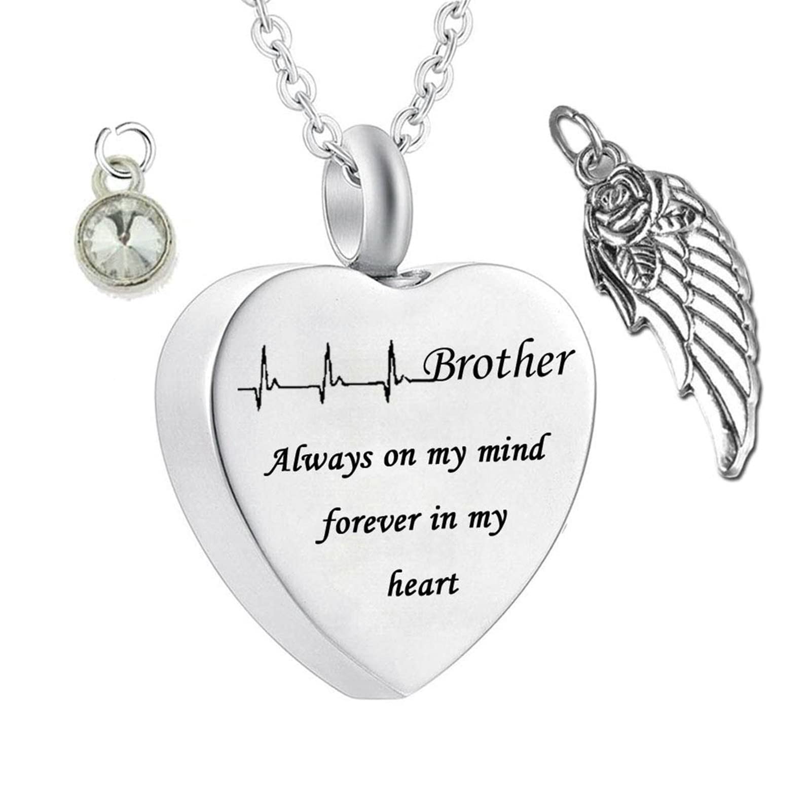 Wycian Urn Necklace for Ashes Brother, Heart Urn Necklace for Ashes Brother Always on My Mind Forever in My Heart for Memorial Keepsake