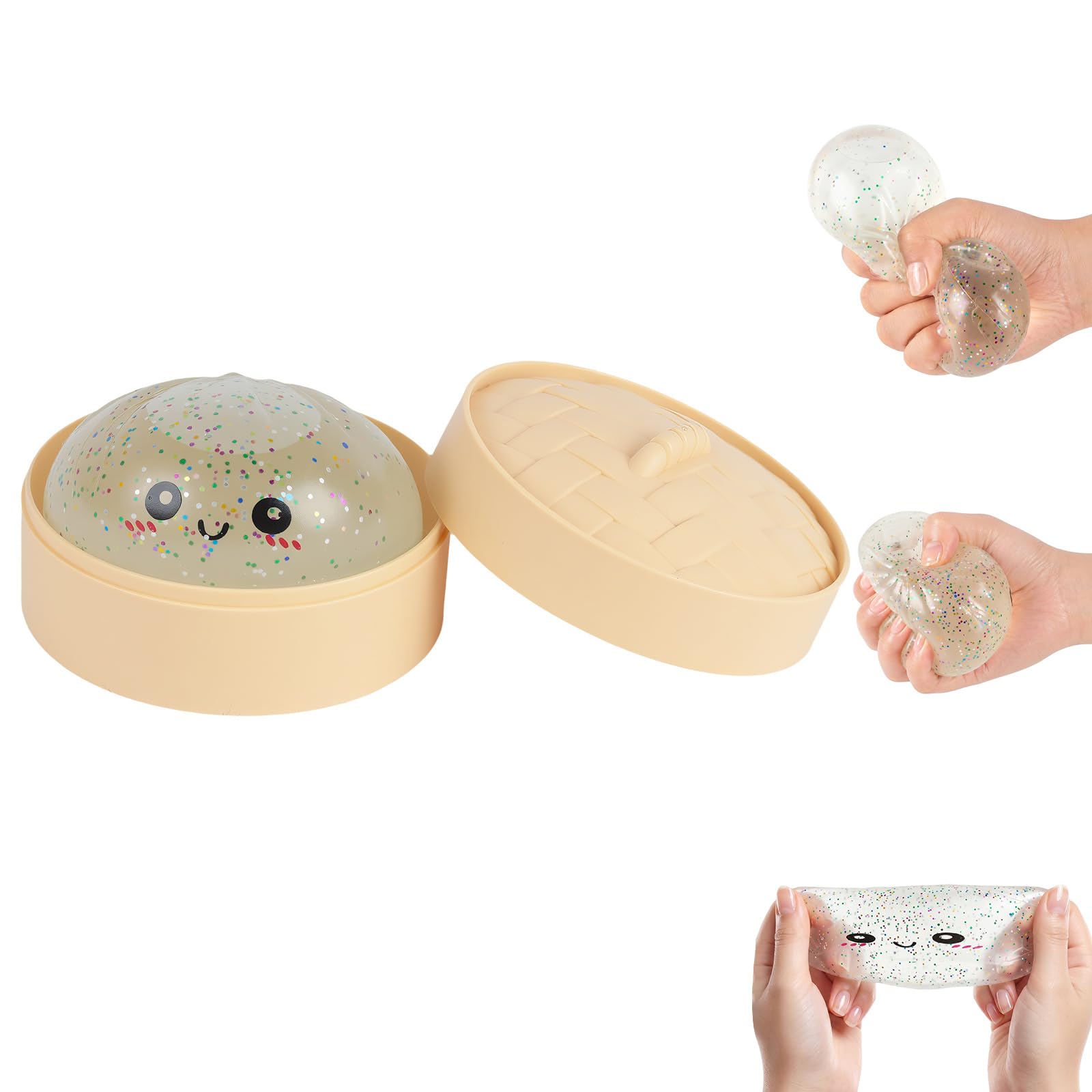 Squishy Glitter Dumpling Toy - 1 PC Bao Bun Squishys with Steamer Box, Squishy Dumpling Toys, Squishys Fidget Toys, Portable Stress Relief Squeezing Toy for Anxiety Stress Relief (Transparent）