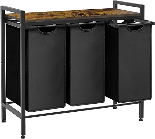 Clasificador de cestas de lavandería grande con 3 bolsas de clasificación extraíbles y extraíbles, estante superior de madera, organizador versátil