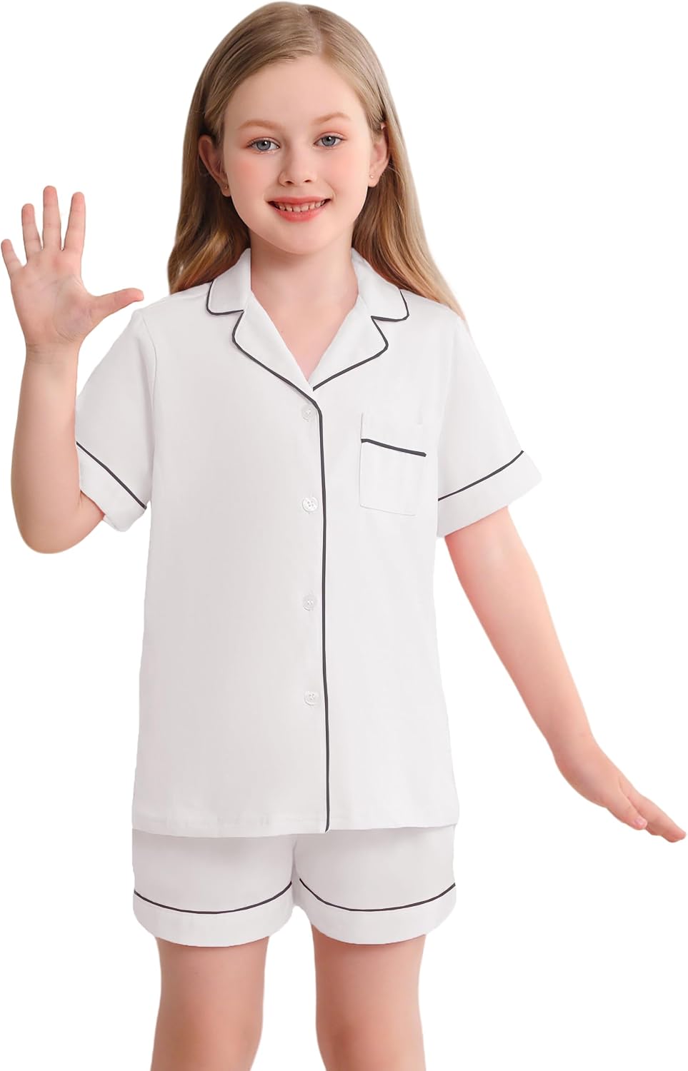 Veseacky Girls Pajama Sets 100% Cotton Sleepwear Button Down Short Sleeve With Pockets Boys Girls Pjs for Ages 5-14 (White,130)
