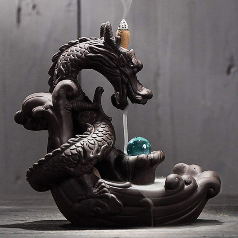 Brûleur encens dragon cascade en céramique et sa boule de cristal magique pour salon