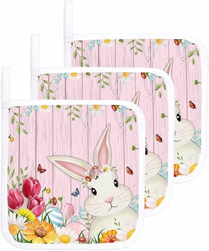 3 Packs Easter Rabbit Pot Holders Sets for Kitchen,Oven Pan Plate Bowl Pads Heat Proof Mat with Hanging Loop,Terry Cloth Potholders Soft Grip for