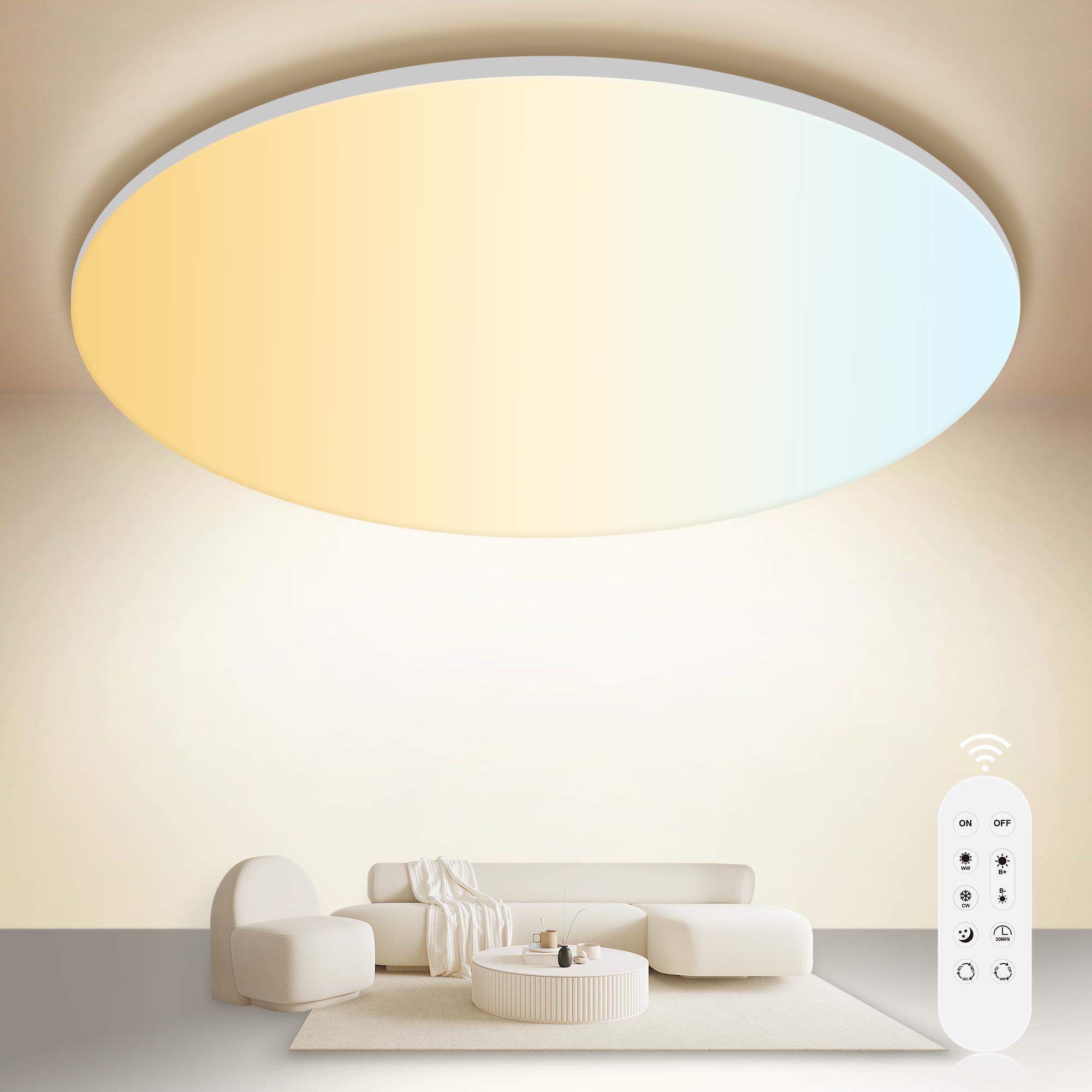 ONDTA LED Deckenleuchte Dimmbar 45W, 2700K-6500K Deckenlampe mit Fernbedienung, IP54 Rund Badezimmer Lampe, 5300LM Memory-funktion LED Panel für Wohnzimmer Schlafzimmer Küche Badezimmer, Ø45cm