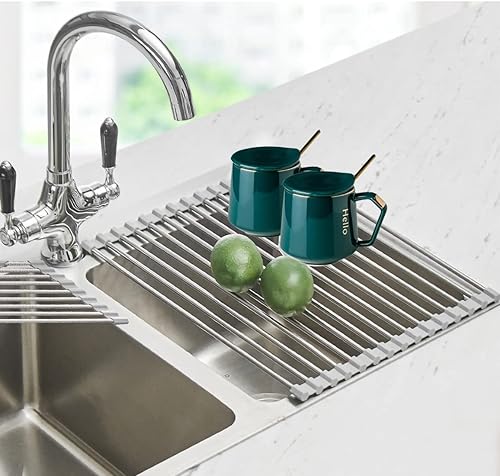 AMZALIBA Escurridor de platos enrollable sobre el fregadero, escurridor de platos enrollable de acero inoxidable para cocina, escurridor de platos