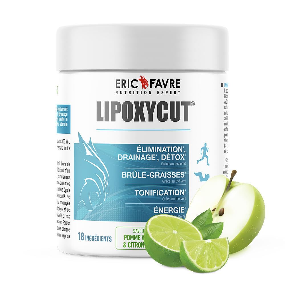 LIPOXYCUT FAT & SUGAR - Complément Alimentaire - Formule 4 en 1 avec L-Carnitine, Thé Vert, Café Vert & Vitamines - Faible en Sucres - 120g - Boisson Pomme Verte, Citron - Eric Favre