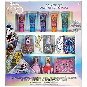 Disney 100 Sparkly Cosmetic Makeup Set for Girls with Lip Gloss Nail Polish Nail Stickers – 11 Pcs|Perfect for Parties Sleepovers Makeovers| Birthday Gift for Girls 3+