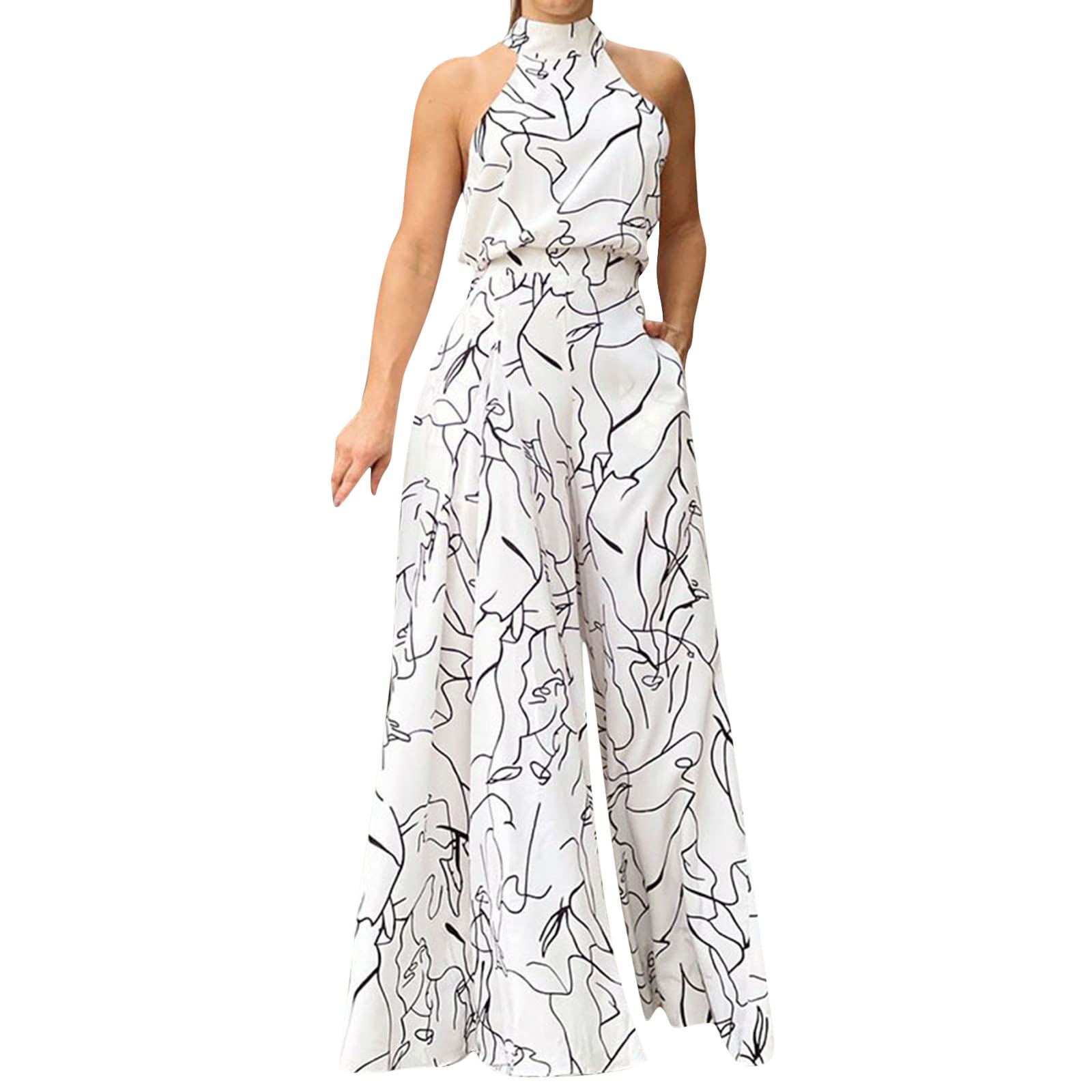 Sunnyuk Mono Mujer Verano Pantalones Anchos de Rectos Mono Color Sólido Elegante Largo 2023 Monos de Vestir Verano Casuales Jumpsuits Playsuit Fiesta de Noche Talla Grande Peto Sin Mangas