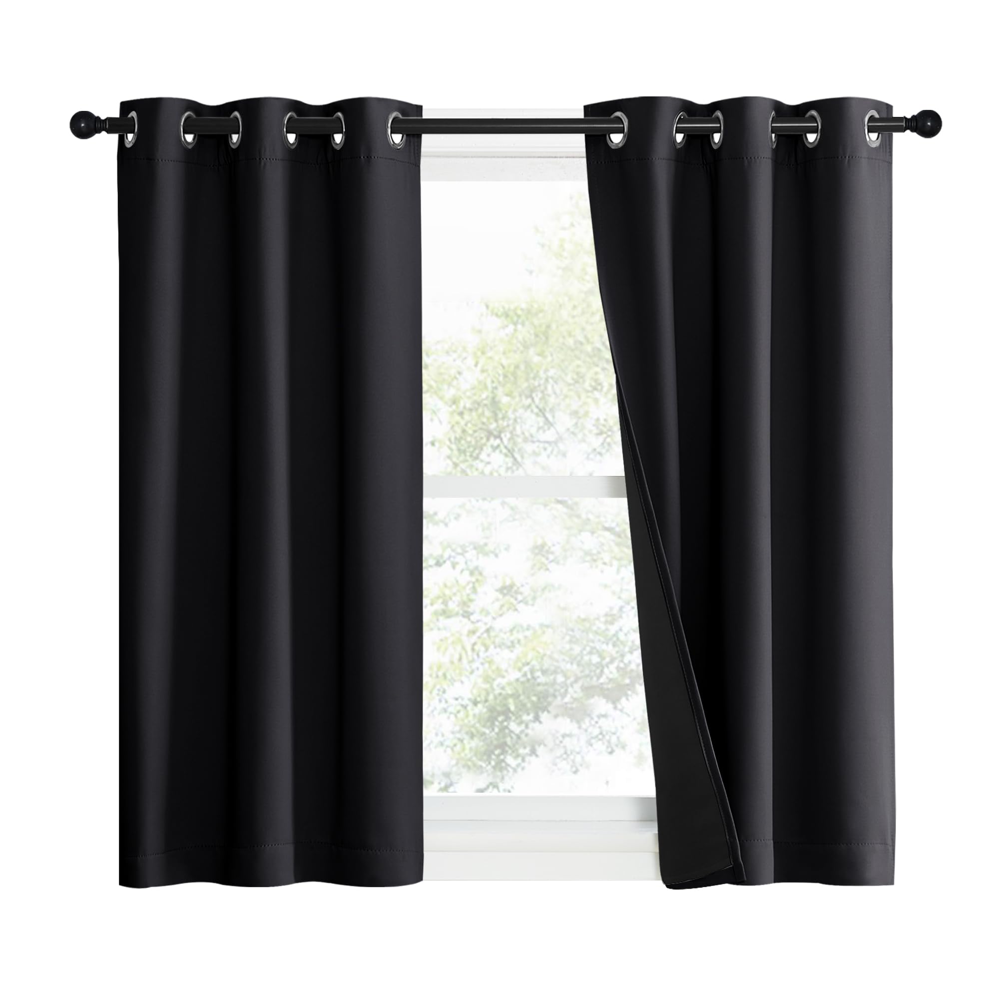 NICETOWN Complete 100% Blackout Curtain Set, Black, 37" W by 50" L, Double Panels, Thermal Insulated &amp; Energy Efficiency Window Draperies with Black Liner, Noise Reducing Short Curtains for Kids Room