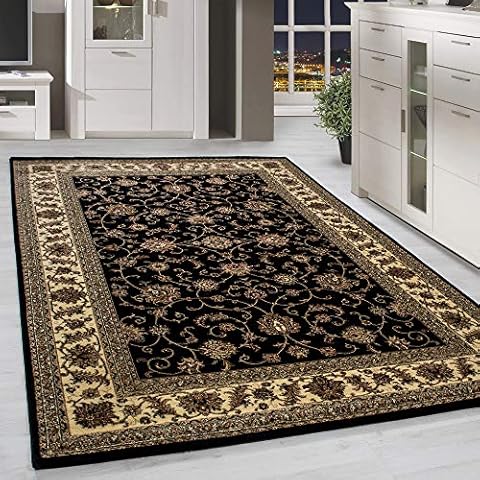 HomebyHome Teppich Kurzflor Orient Ornament Bordüre Design Wohnzimmer 12 mm Florhöhe Hochfertig Weich Gross Rechteckig Läufer Schwarz Cover