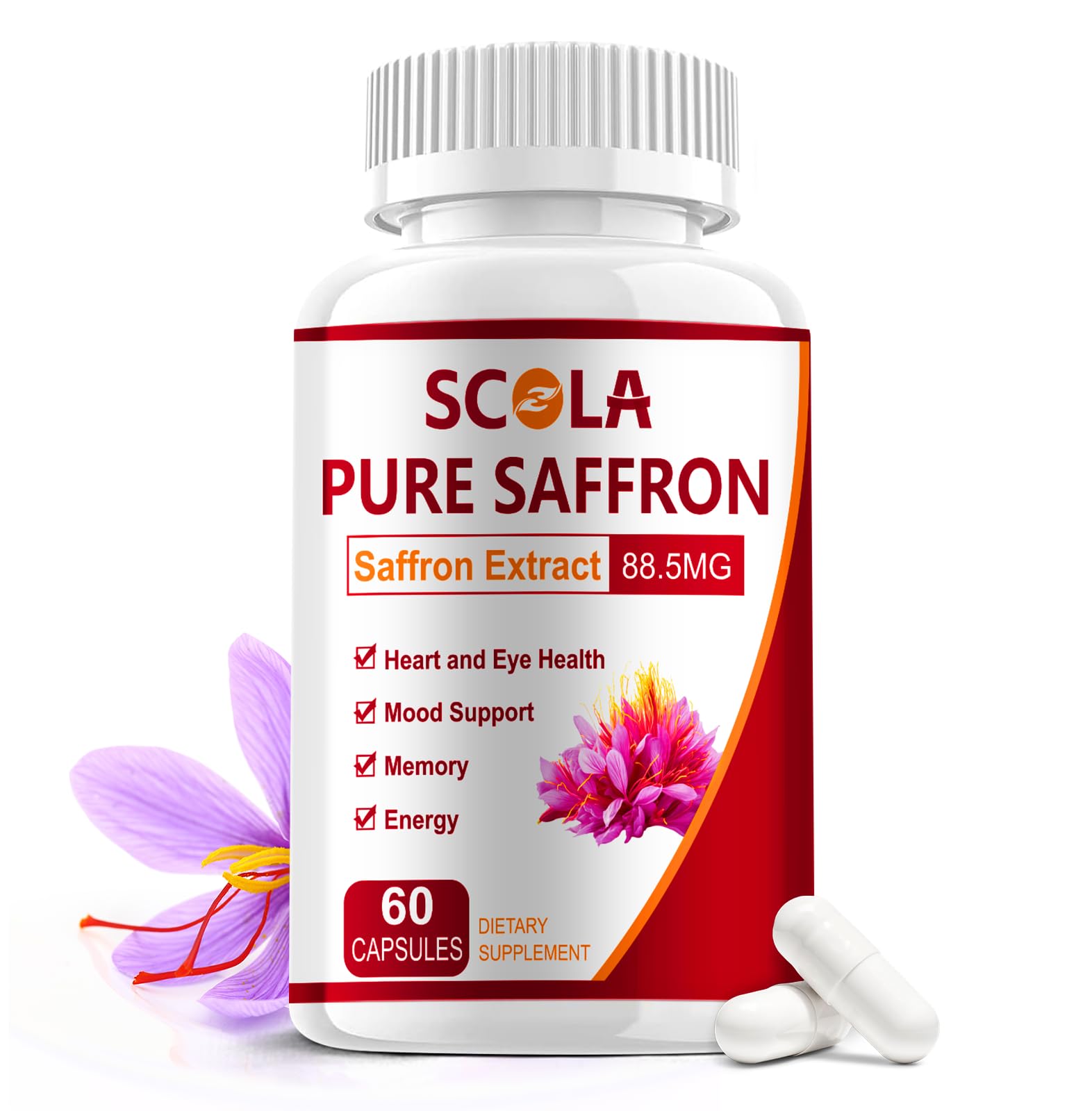 SCOLA Saffron Supplements, Pure 88.5mg Saffron Extract for Women & Men, Boost Energy, Joint Supplements, Vegan, Non-GMO, 60 CapsulesCarbonfree Certified