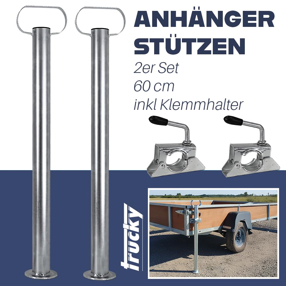 Trucky Set de 2 crics de remorque avec Pinces, 300 kg, Acier galvanisé, Hauteur réglable de 60 cm 600 mm, 48 mm