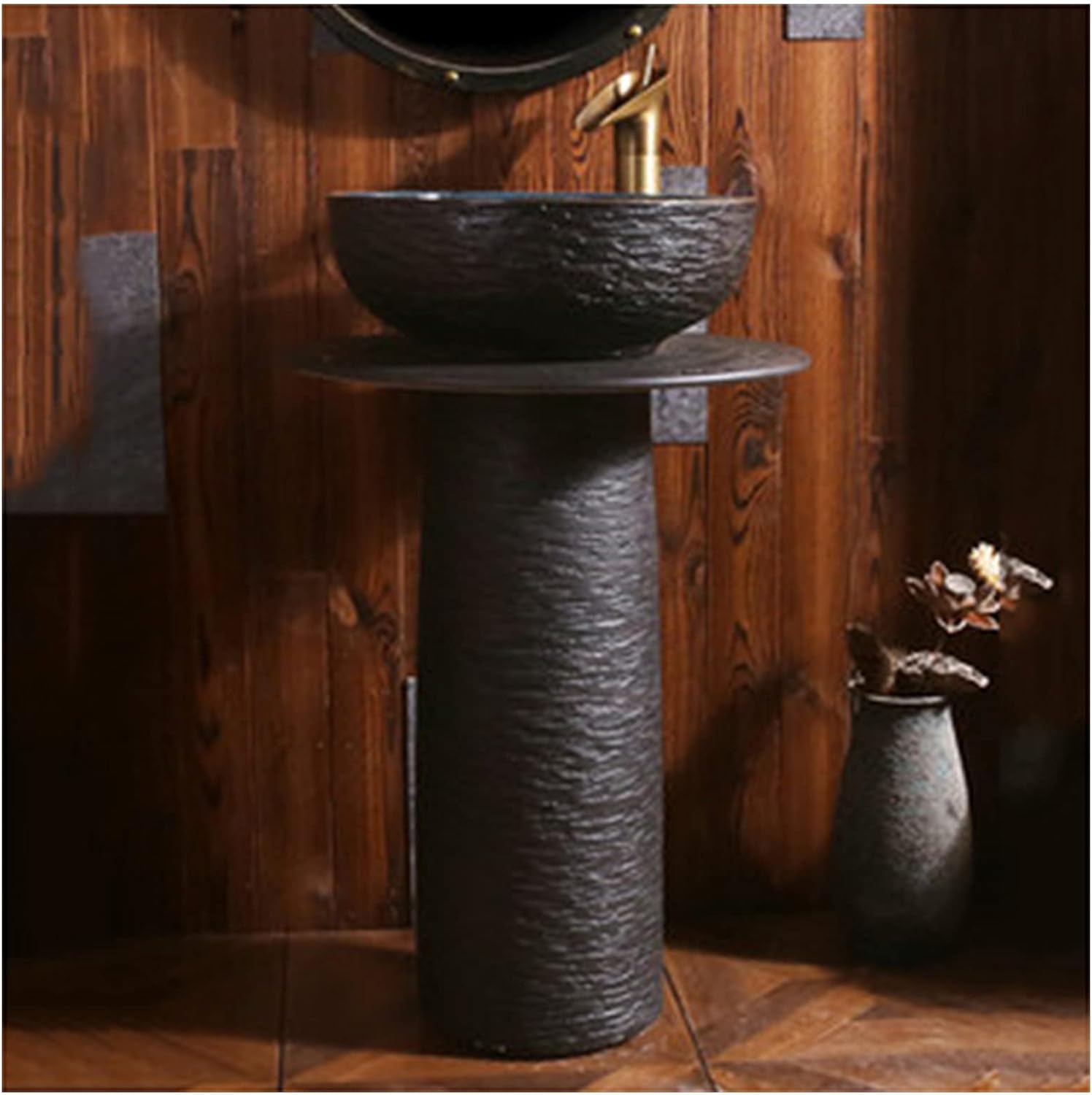 Modern Ceramic Bathroom Basin Sink with Full Pedestal and One Tap Hole Round Freestanding Sink Ceramic Basin Sink and Pedestal Bathroom(A Without Mirror)