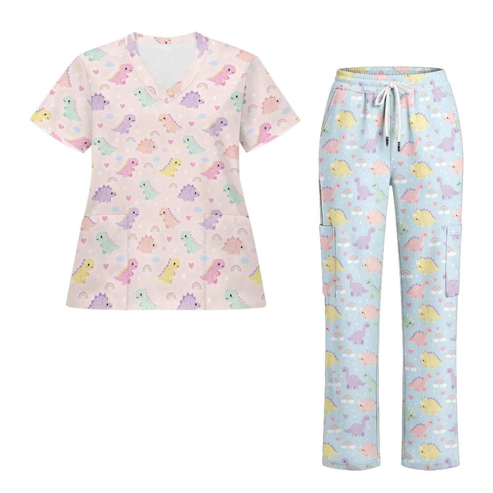 Scrubs for Women Set Medical Uniform V Neck Short Sleeve Top and Straight Jogger Pants with Six Pockets