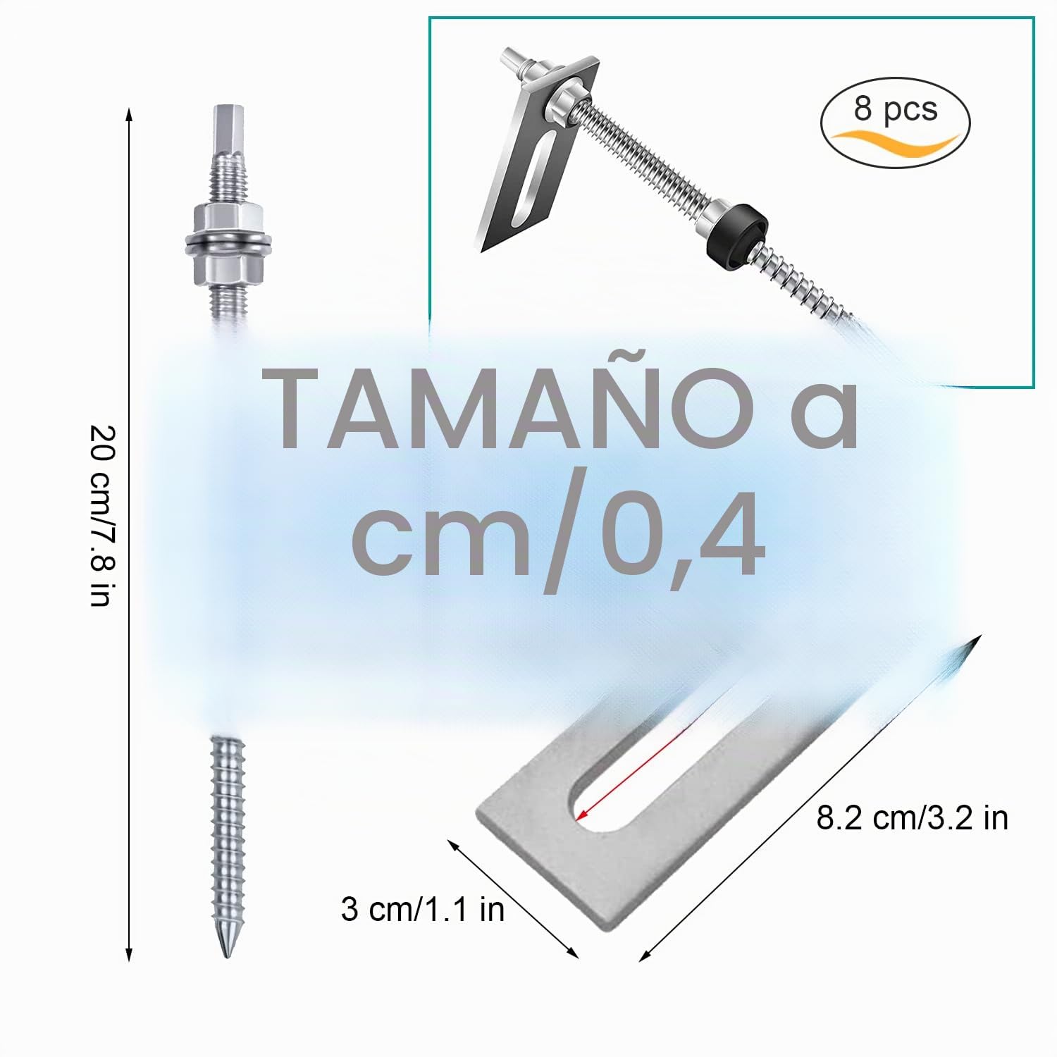16 Piezas Tornillos de Acero Inoxidable, M10 x 200 mm, Tornillos de Soporte Placas Solares, Altura Regulable, con 16 Piezas Placa Adaptadora, para Fijación Solar Fotovoltaica