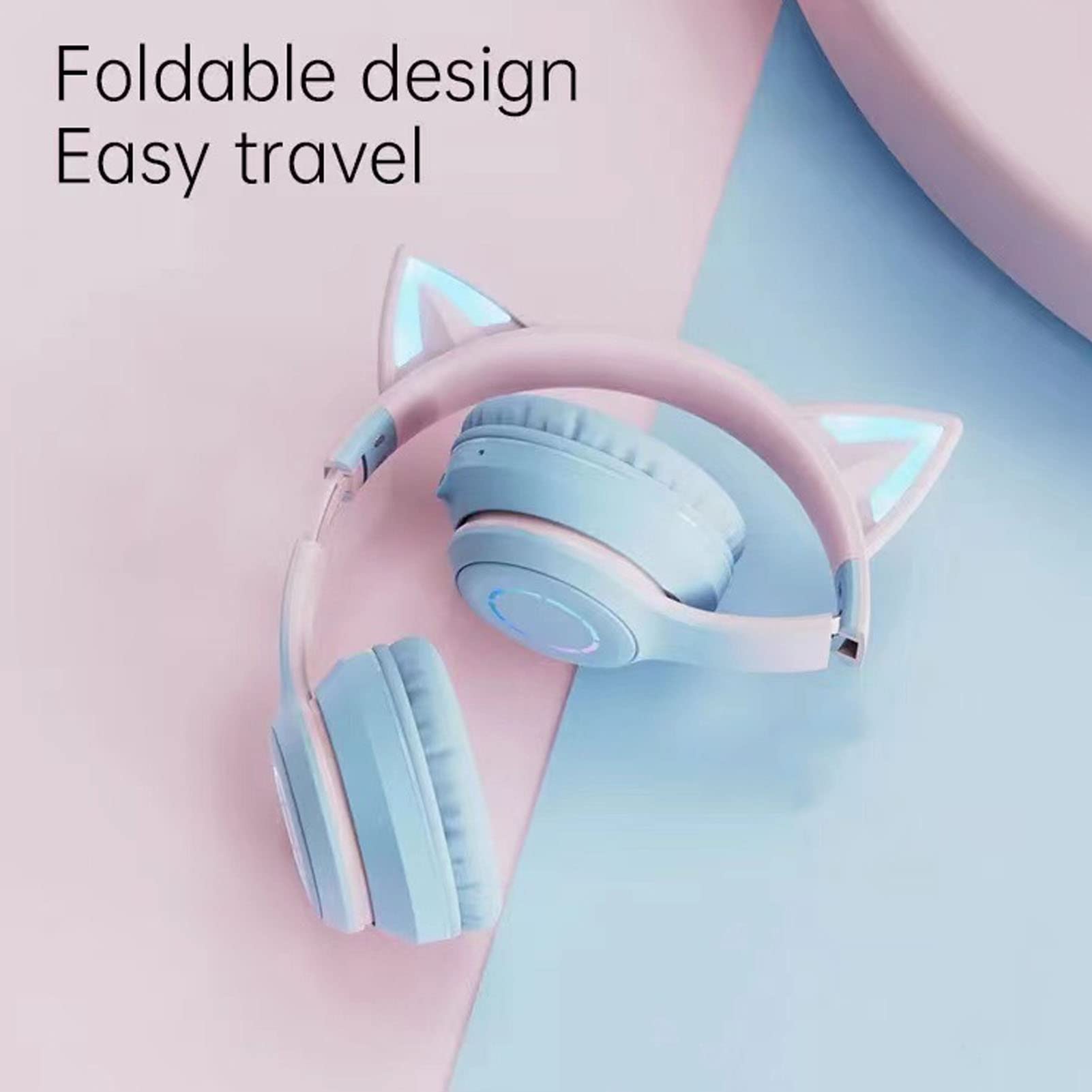Auriculares Plegables Inalámbricos con Orejas de Gato Bluetooth para Juegos con Luz LED (Azul)